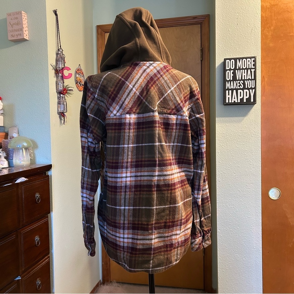 Columbia brown plaid flannel shacket with hood size XL gorpcore outdoors grunge - Picture 3 of 9